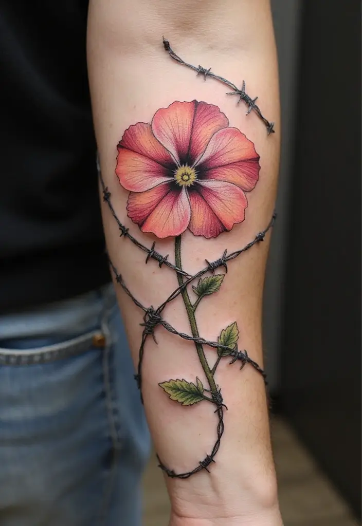 30 September Birth Flower Tattoo Ideas with Meaning - 14. Morning Glory with Barbed Wire