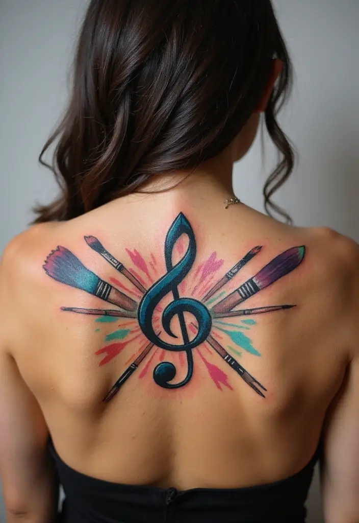 30 Shoulder and Back Tattoos for Women That Look Stunning - 14. Music and Art