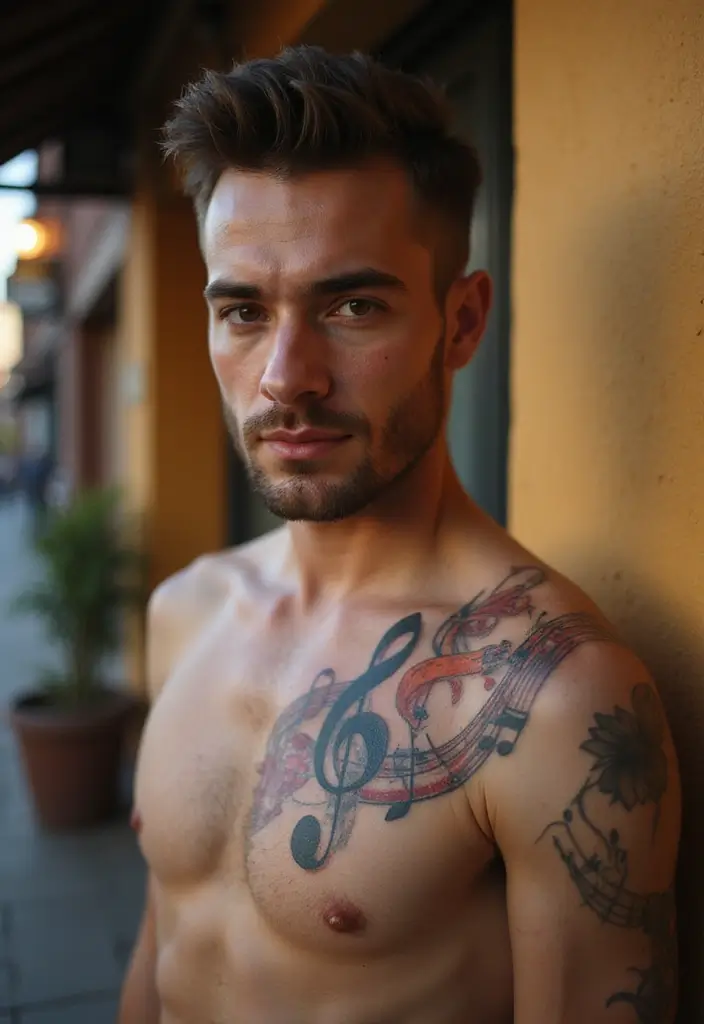 30 Shoulder Tattoos for Men with Meaningful Designs - 14. Music Notes: Passion and Expression