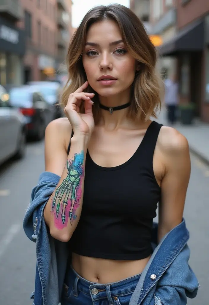 30 Skeleton Hand Tattoos with Edgy and Dark Styles - 14. Mixed Media Styles