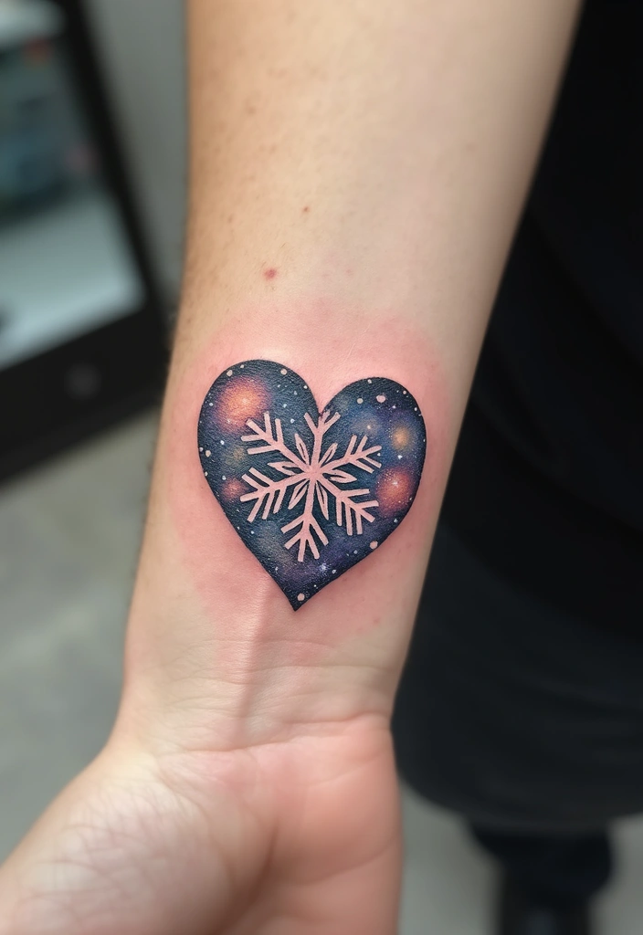 30 Snowflake Tattoo Ideas with Delicate and Unique Patterns - 14. Snowflake in a Heart