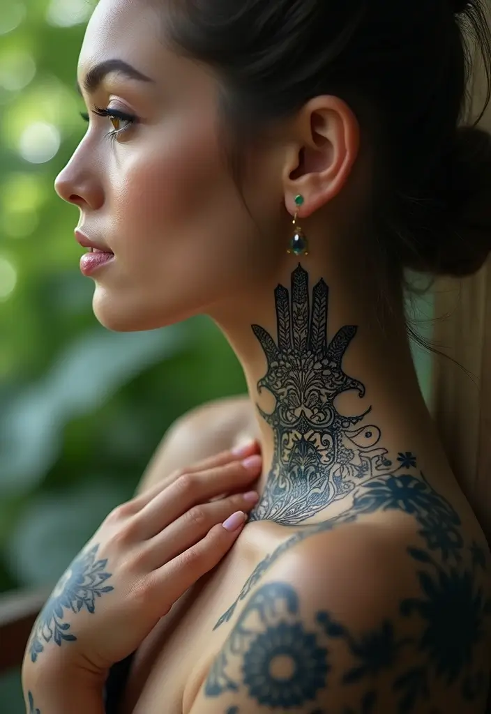 30 Spiritual Neck Tattoos with Deep Symbolism - 14. The Hamsa Hand
