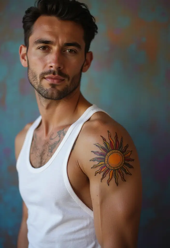30 Sun Tattoo Men Ideas for Radiant Energy - 14. Artistic Sun Tattoo
