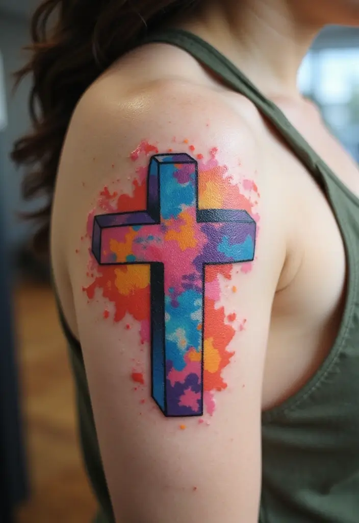 30 Tattoo Cross 3D Designs That Look Realistic - 14. Cross with Watercolor Background