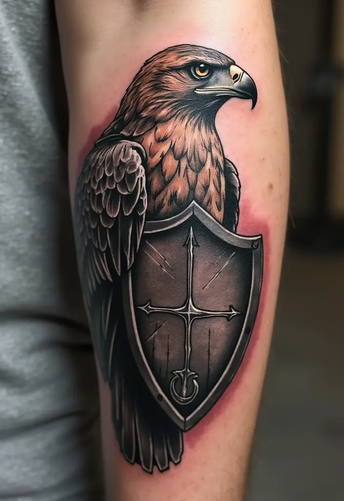 30 Hawk Tattoo Designs That Represent Vision and Strength - 14. Hawk and Shield