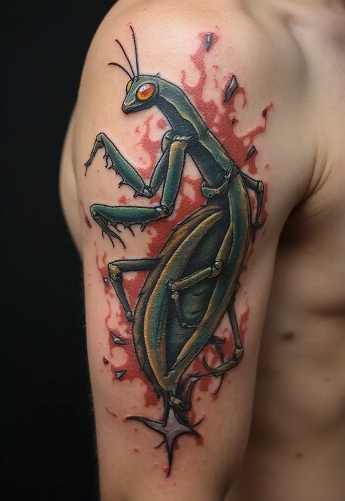 30 Traditional Praying Mantis Tattoo Ideas You’ll Love - 14. Mantis with Abstract Art