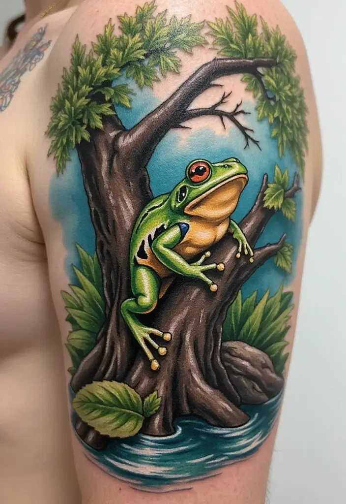30 Tree Frog Tattoos with Playful and Unique Vibes - 14. Nature Scene with Tree Frog
