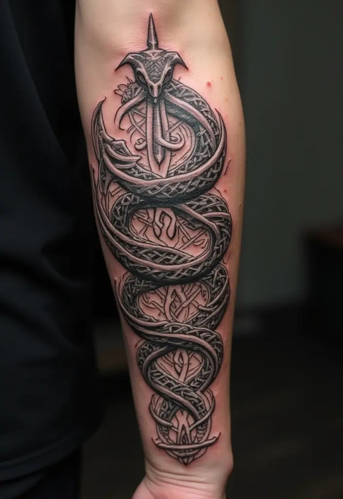 30 Viking Snake Tattoo Designs with Norse Symbolism - 14. Serpent in Nordic Knot Work