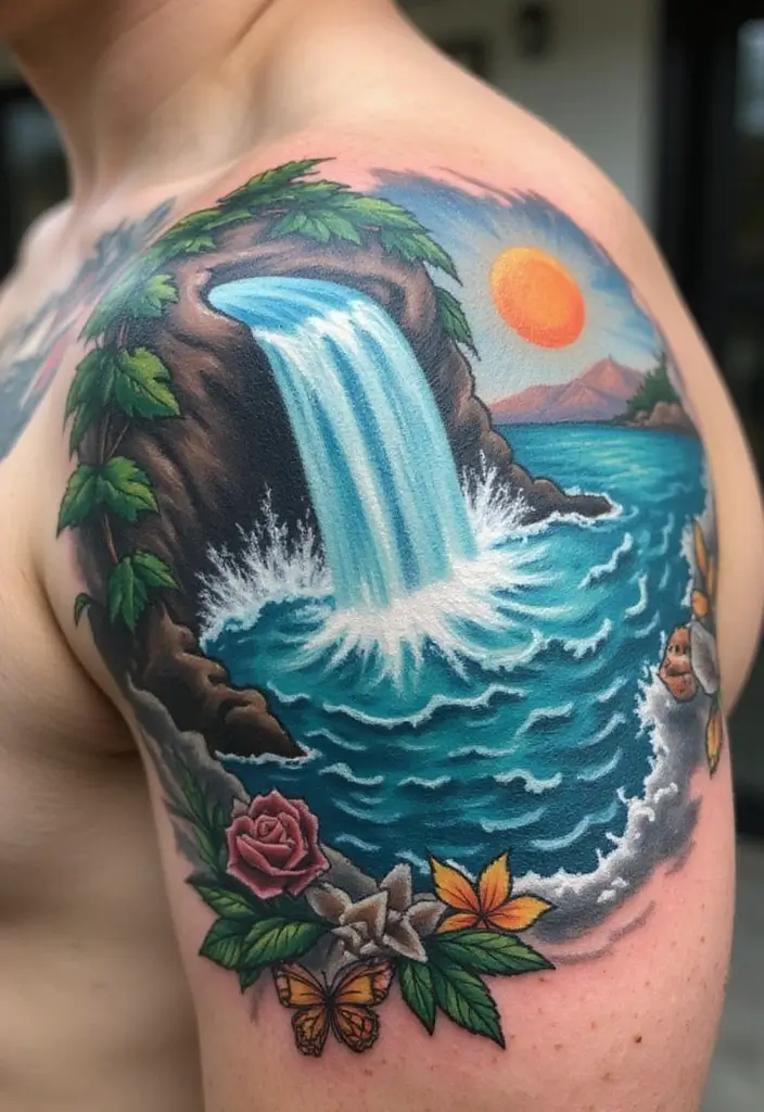 30 Waterfall Tattoos That Flow with Beauty - 14. Ocean-Inspired Waterfalls