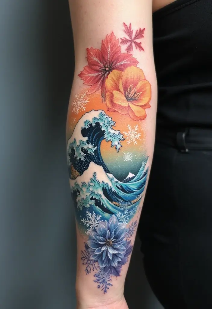 30 Wave Tattoo Sleeve Ideas That Make a Bold Statement - 14. Seasonal Wave Tattoos