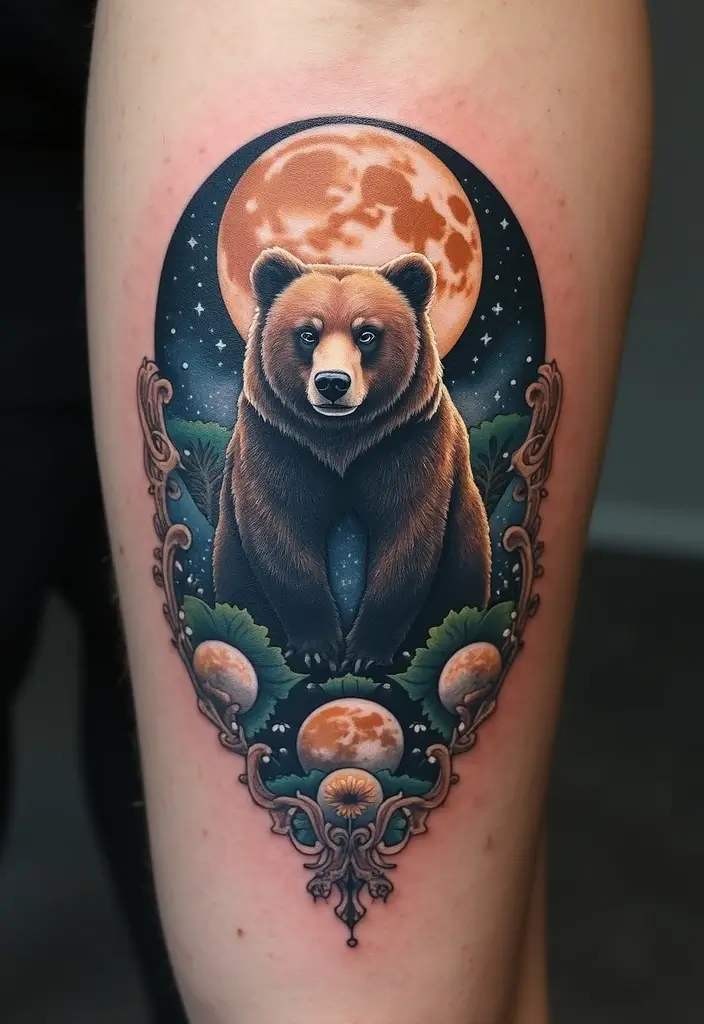 30 Bear Shoulder Tattoo Inspirations with Power and Strength - 15. Bear with Moon Phases