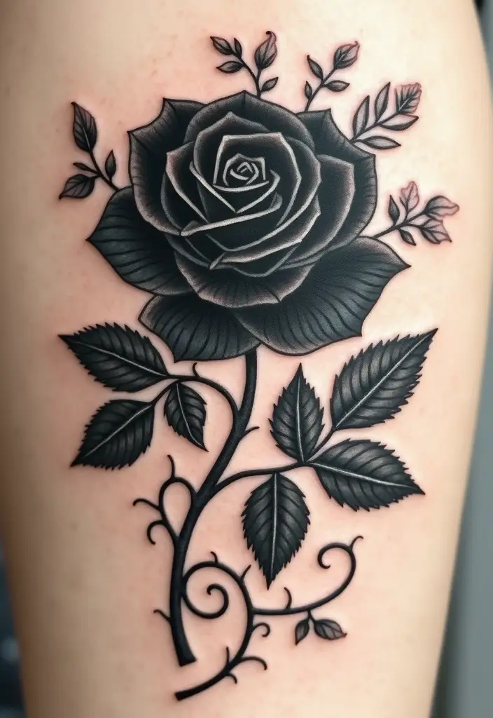 30 Black Rose Tattoo Meaning and Design Inspirations - 15. Black Rose with Nature Elements
