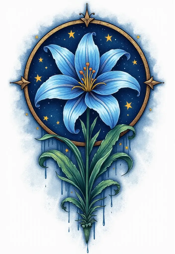 30 Blue Lily Tattoo Designs That Look Elegant - 15. Blue Lily and Star Pattern