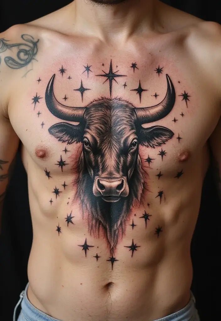 30 Bull Tattoo Chest Ideas Full of Strength - 15. Bull Surrounded by Stars