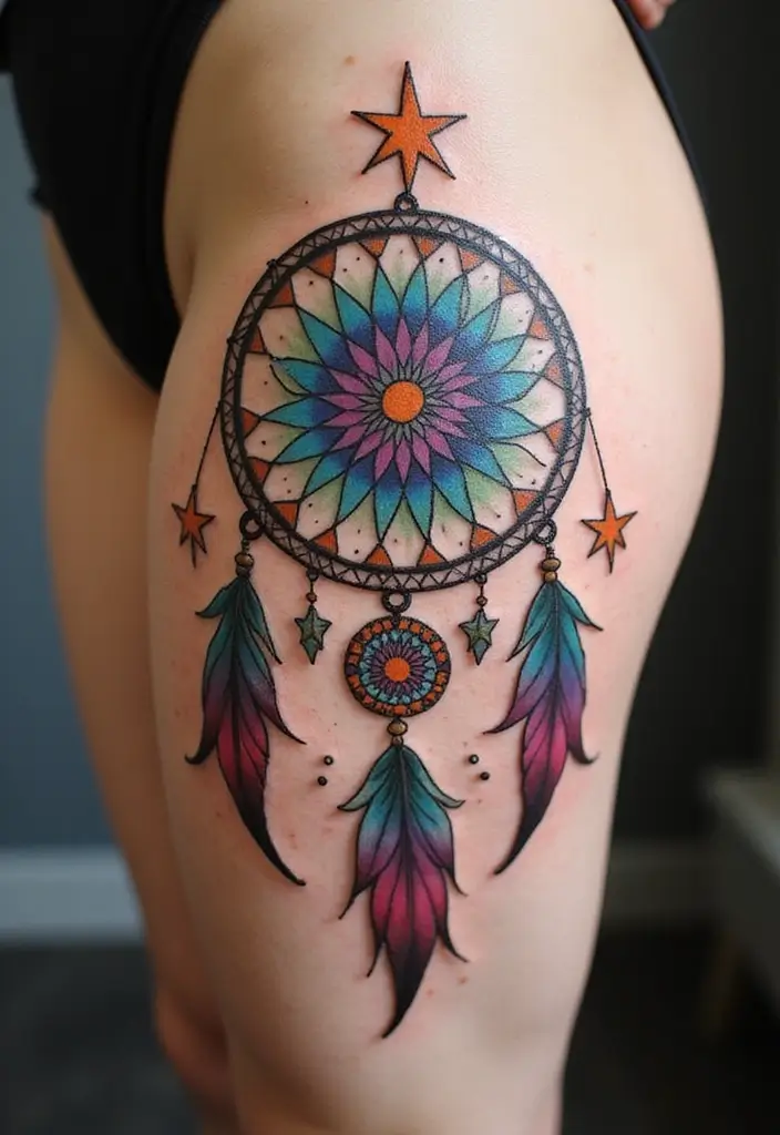 30 Celestial Star Tattoo Inspirations Full of Magic - 15. Dreamcatcher with Stars