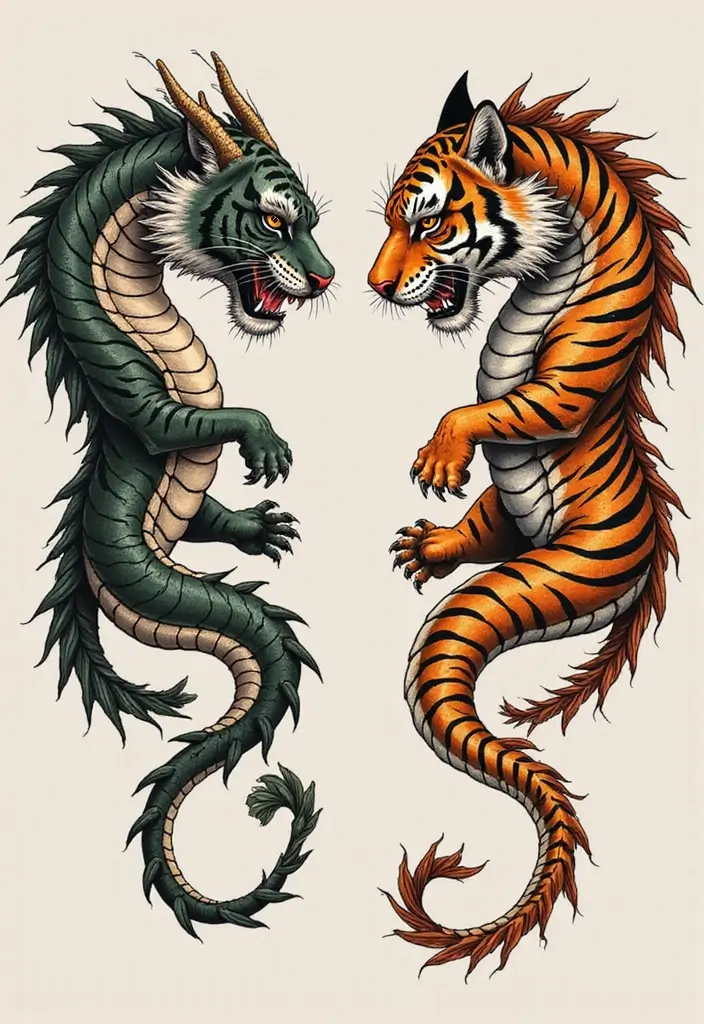 30 Chinese Dragon Tattoo Meaning and Artistic Designs - 15. The Dragon and the Tiger