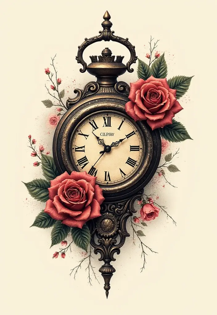 30 Clock and Rose Tattoos That Symbolize Time and Love - 15. Combining Styles
