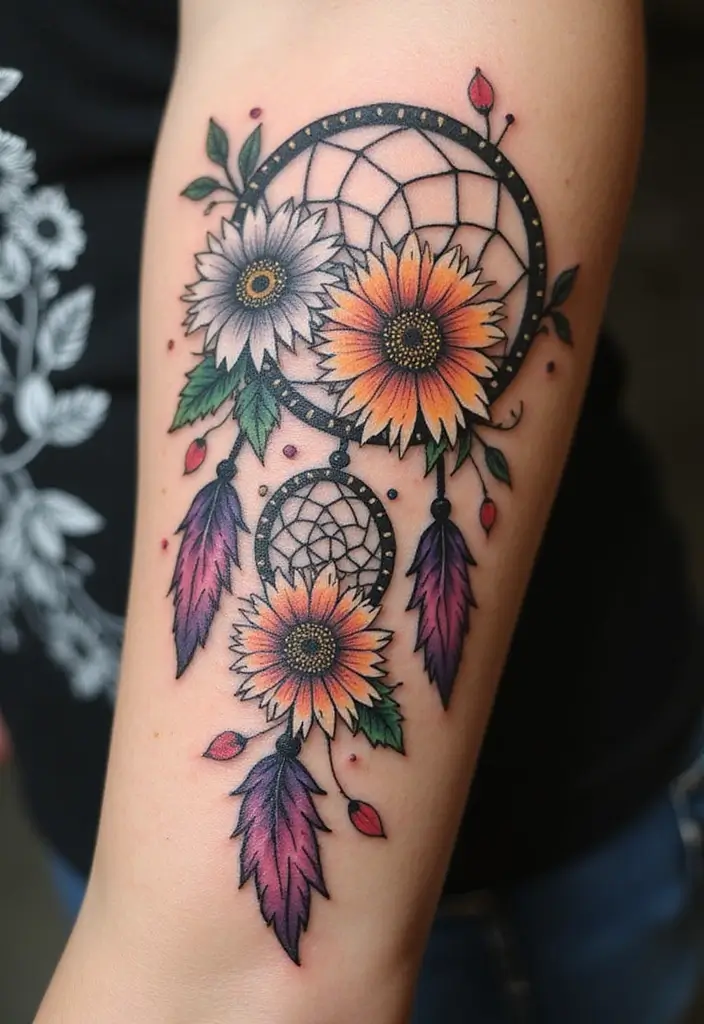 30 Colorful Daisy Tattoo Inspirations Full of Joy - 15. Daisies with Dreamcatchers