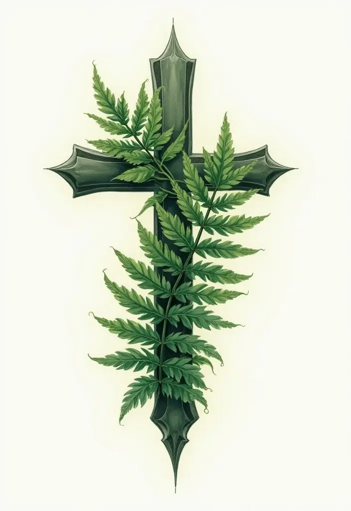 30 Cross with Flowers Tattoo Ideas That Blend Faith and Beauty - 15. Cross with Fern Leaves