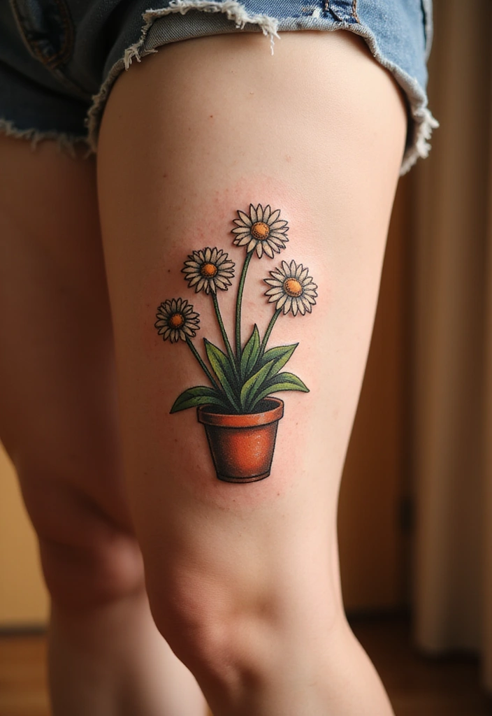30 Daisy Tattoo Ideas for a Fresh and Delicate Design - 15. Daisies in a Pot