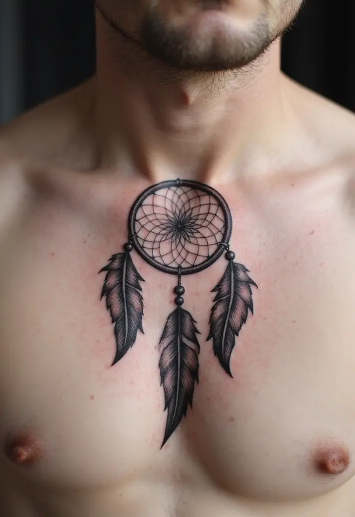 30 Dream Catcher Tattoo Ideas for Men with Protective Energy - 15. Dream Catcher with Feather Patterns