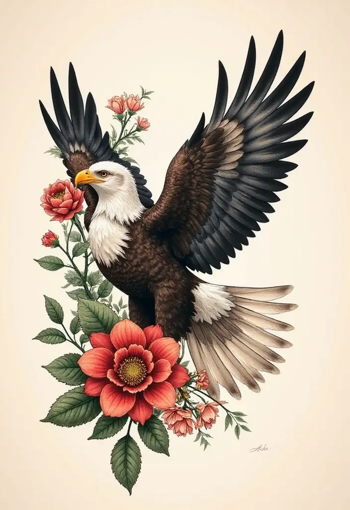30 Eagle Tattoo Ideas That Represent Power and Courage - 15. Eagle with Floral Accents