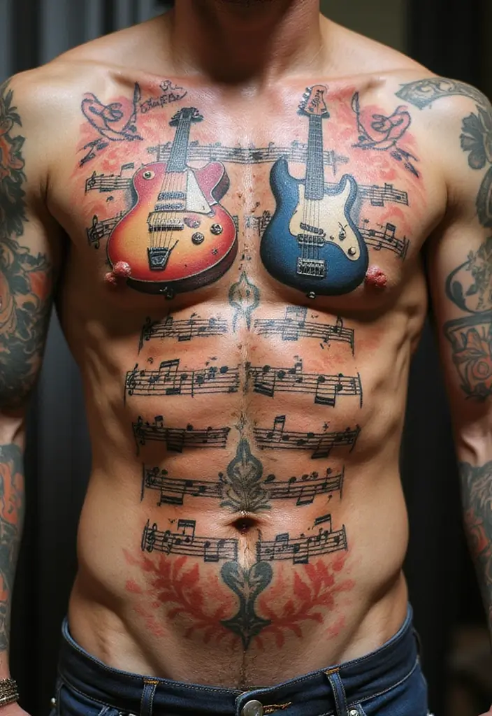 30 Full Chest Tattoos for Men with Powerful Visual Impact - 15. Music-Inspired Tattoos
