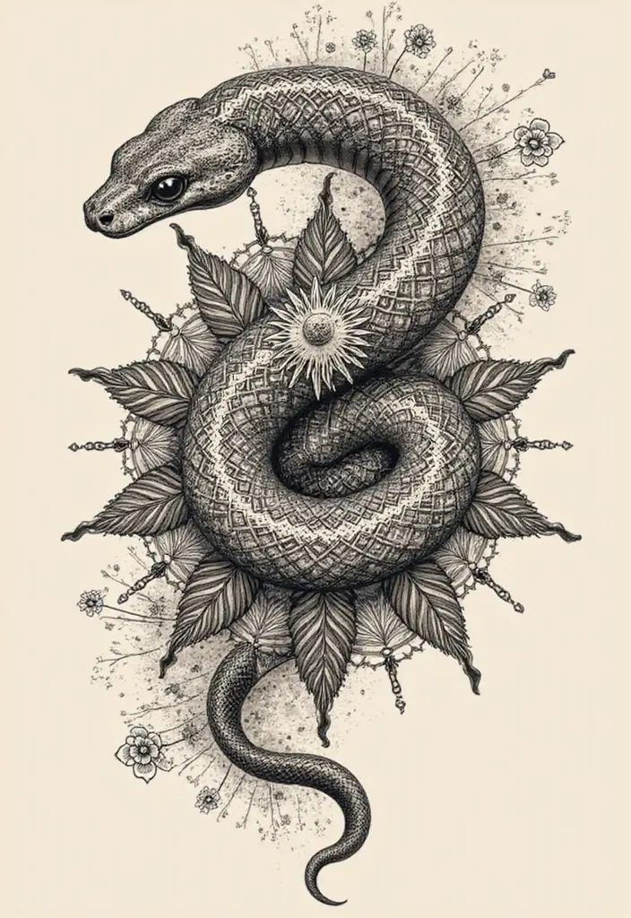 30 Geometric Snake Tattoo Ideas with Unique Patterns - 15. Snake with Mandala Patterns