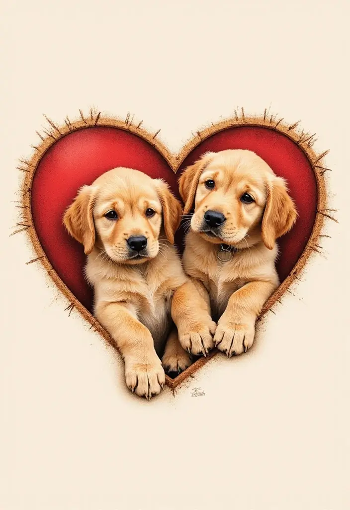 30 Golden Retriever Memorial Tattoos Honoring Beloved Pets - 15. Vibrant Puppies in a Heart