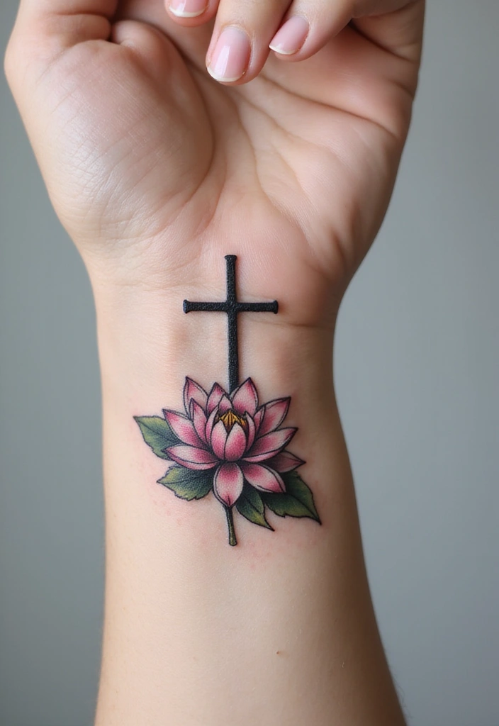 30 Hand Cross Tattoos That Blend Faith and Style - 15. Cross with Lotus Flower