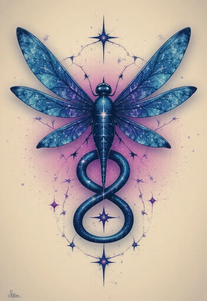 30 Infinity Dragonfly Tattoo Designs with Meaning - 15. Cosmic Infinity Dragonfly