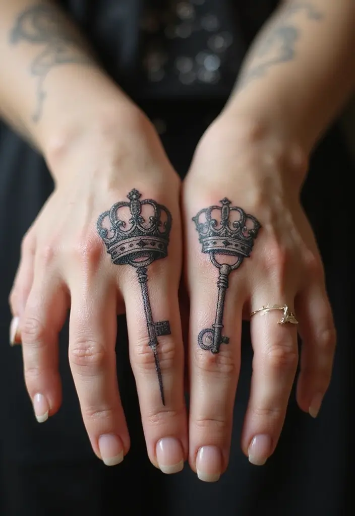 30 King and Queen Tattoos Finger Designs for Couples - 15. Crown and Key Tattoo