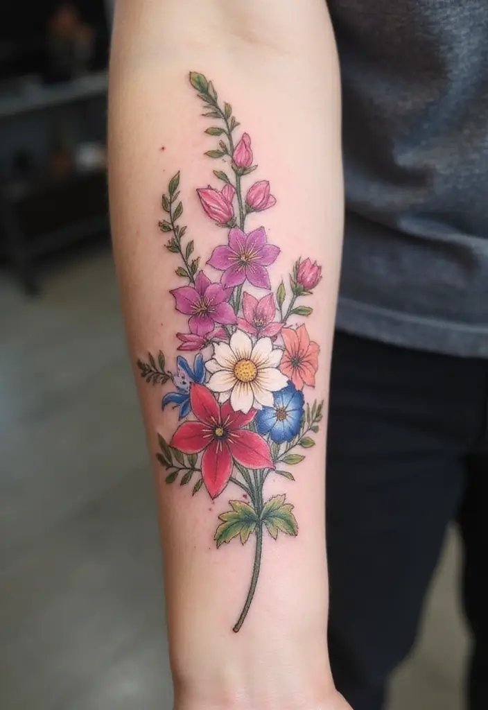 30 Larkspur Tattoo Designs Inspired by Birth Flowers - 15. Larkspur with Other Birth Flowers