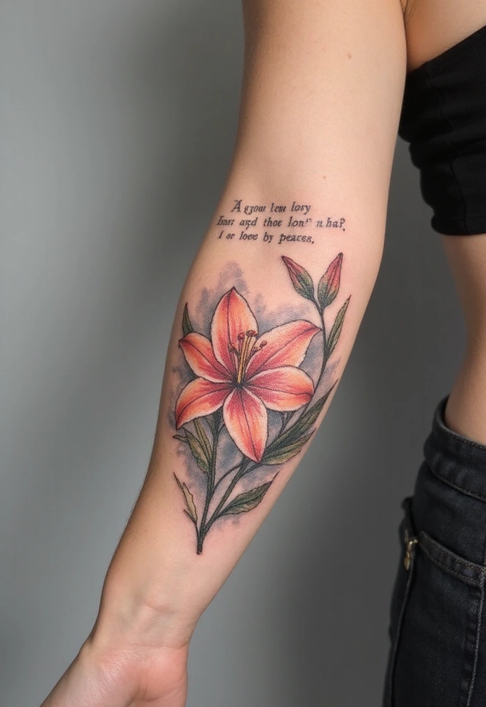 30 Lily Tattoos for Men That Balance Strength and Elegance - 15. Lily with Quote
