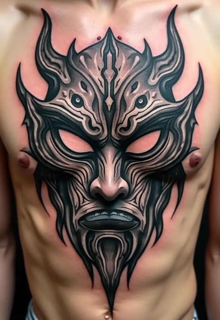 30 Masculine Tribal Tattoos Full of Power and Legacy - 15. The Guardian Mask