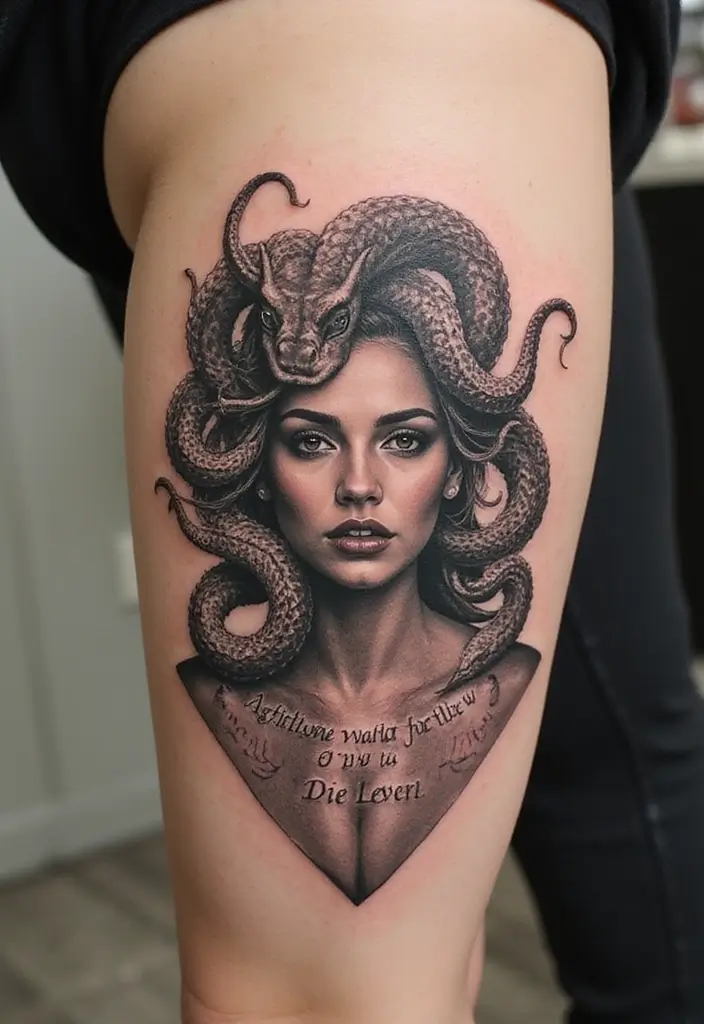 30 Medusa Tattoos for Females with Bold and Fierce Symbolism - 15. Medusa with Inspirational Quotes