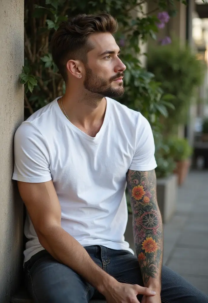 30 Mens Flower Sleeve Tattoo Ideas with Bold Florals - 15. Floral Compass: Guidance and Direction