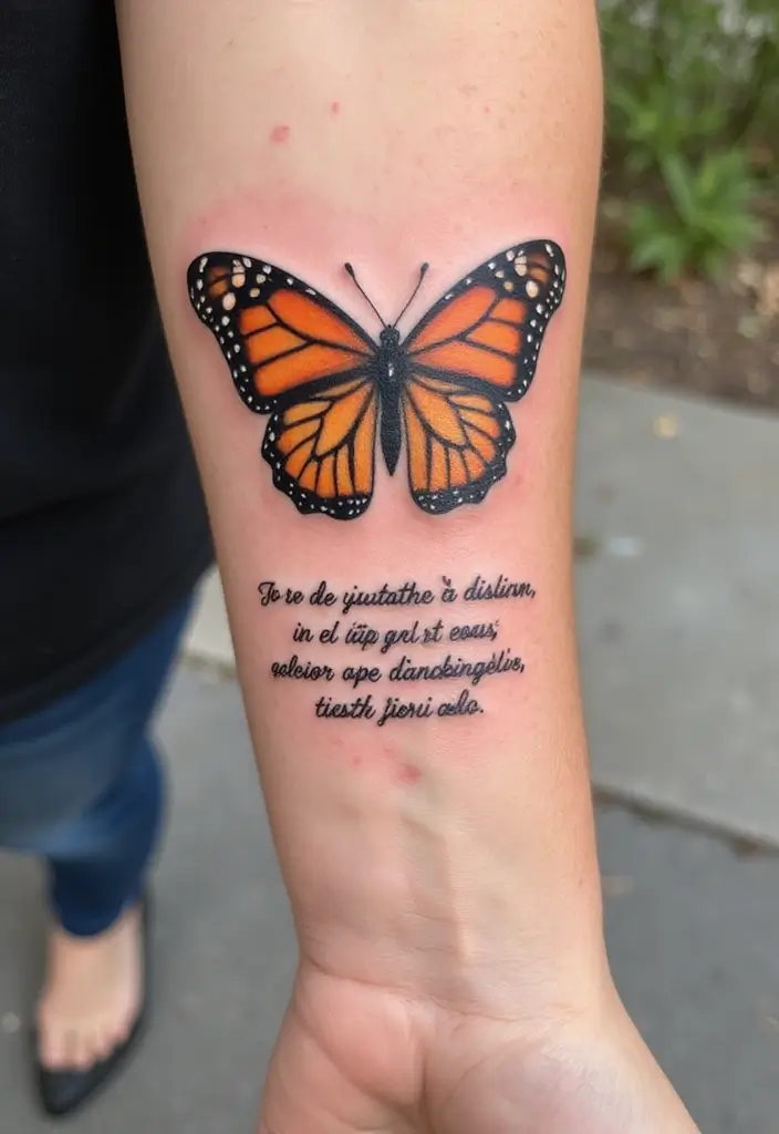 30 Monarch Butterfly Tattoo Designs with Deep Symbolism - 15. Monarch Butterfly with a Quote in Another Language