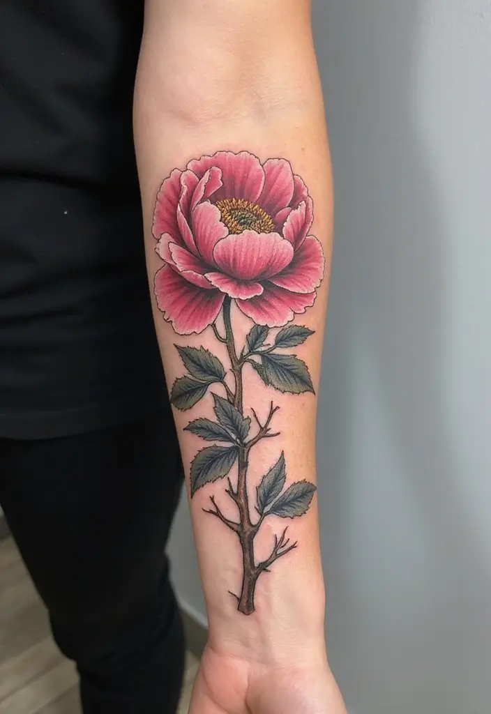30 Peony Tattoo Ideas with Meaning and Elegance - 15. Peony with Thorns