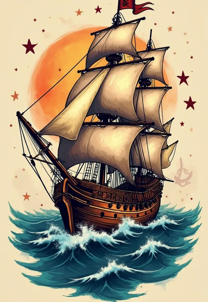 30 Pirate Ship Tattoo Designs for Ocean Lovers - 15. Pirate Ship with Nautical Stars