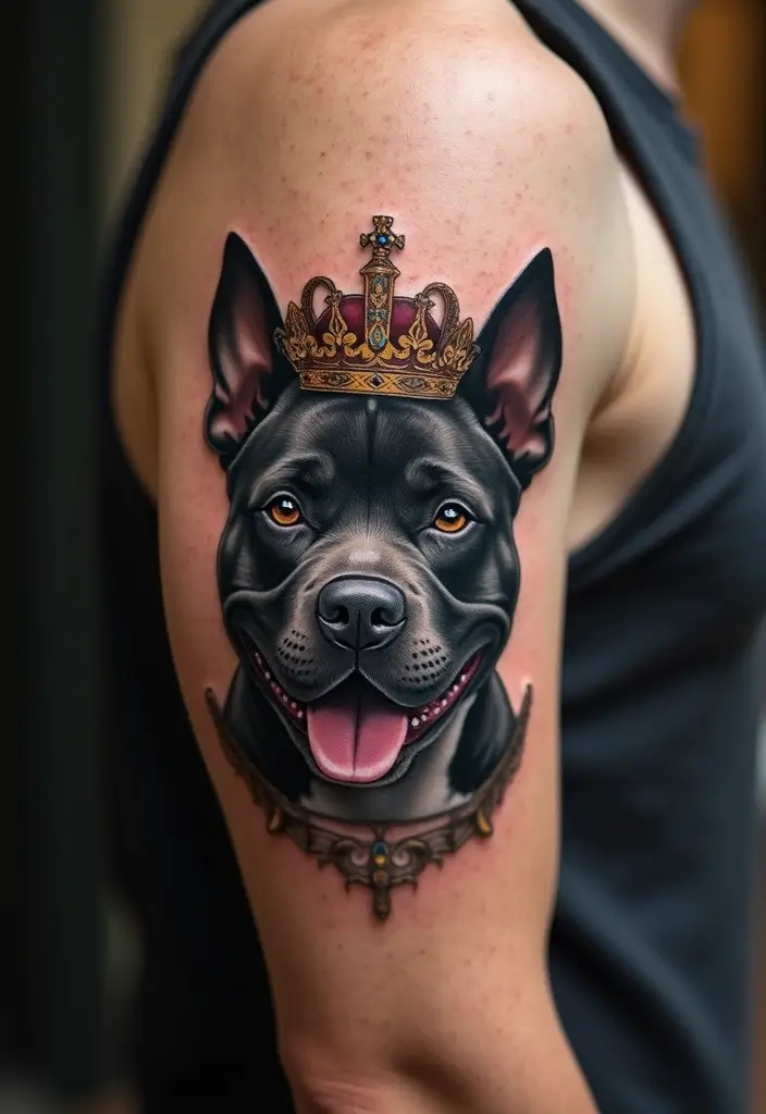 30 Pitbull Tattoo Designs Celebrating Strength and Loyalty - 15. Pitbull with Crown
