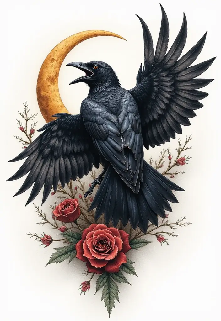 30 Raven Tattoo Shoulder Designs That Look Powerful - 15. Crescent Moon and Raven Embrace