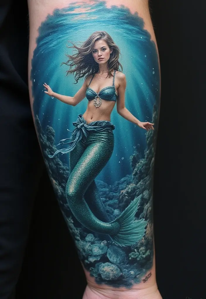 30 Realism Mermaid Tattoo Inspirations That Look Breathtaking - 15. The Ocean's Depths