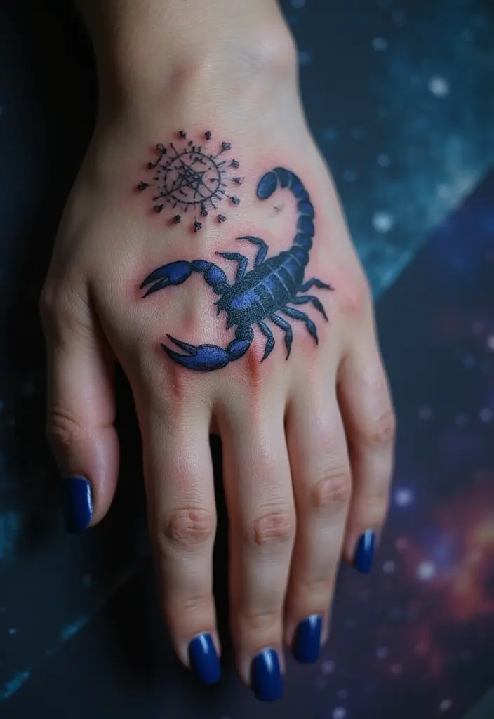30 Scorpion Tattoo on Hand Meaning and Bold Designs - 15. Scorpion Tattoos with Astrology Symbols: Cosmic Connection