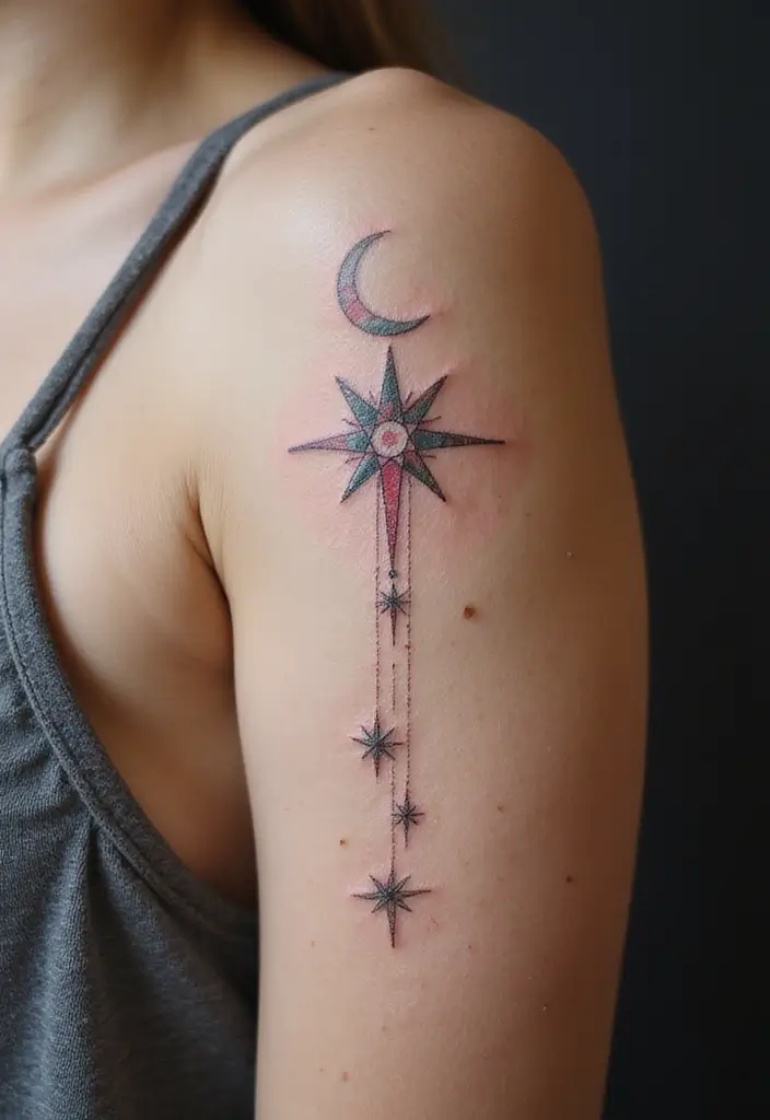30 September Birth Flower Tattoo Ideas with Meaning - 15. Aster Under a Crescent Moon