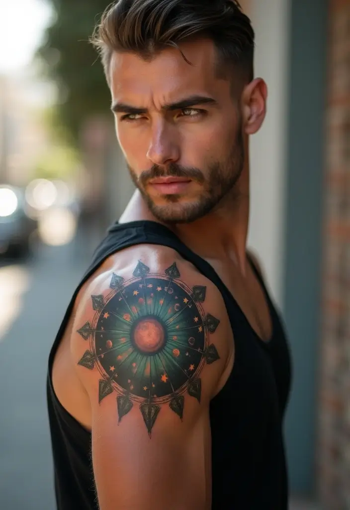 30 Shoulder Tattoos for Men with Meaningful Designs - 15. Zodiac Signs: Identity and Personality