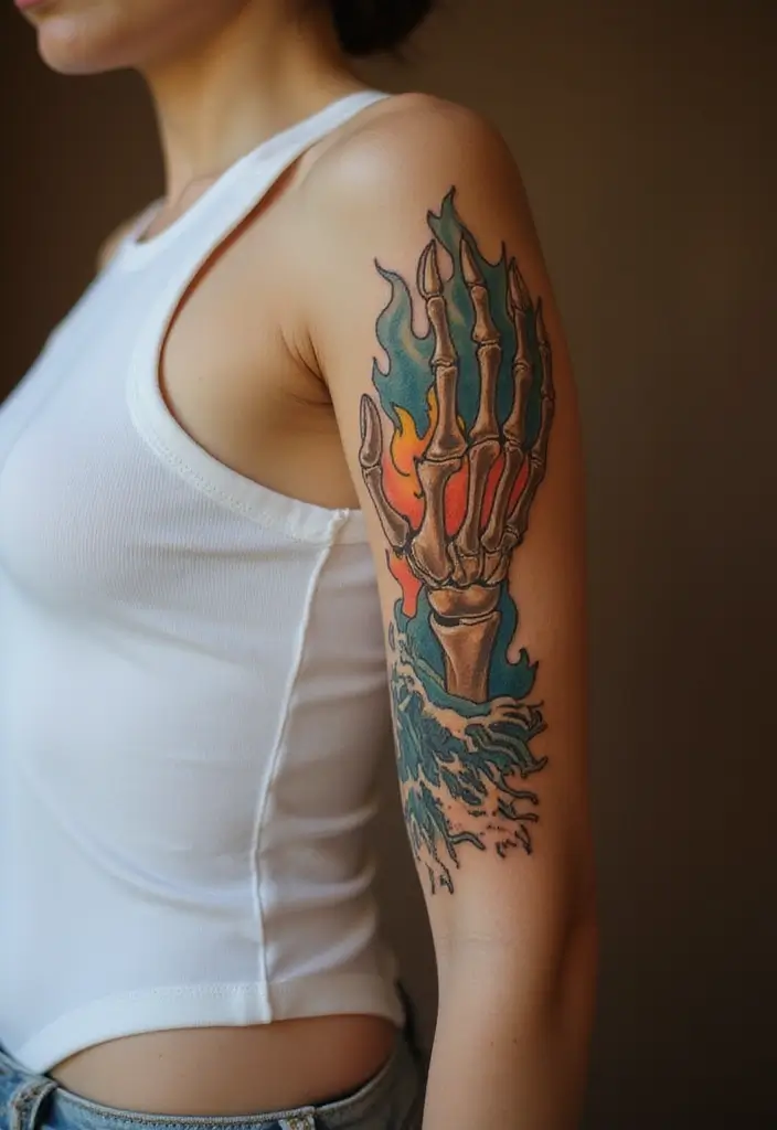 30 Skeleton Hand Tattoos with Edgy and Dark Styles - 15. Elemental Touches