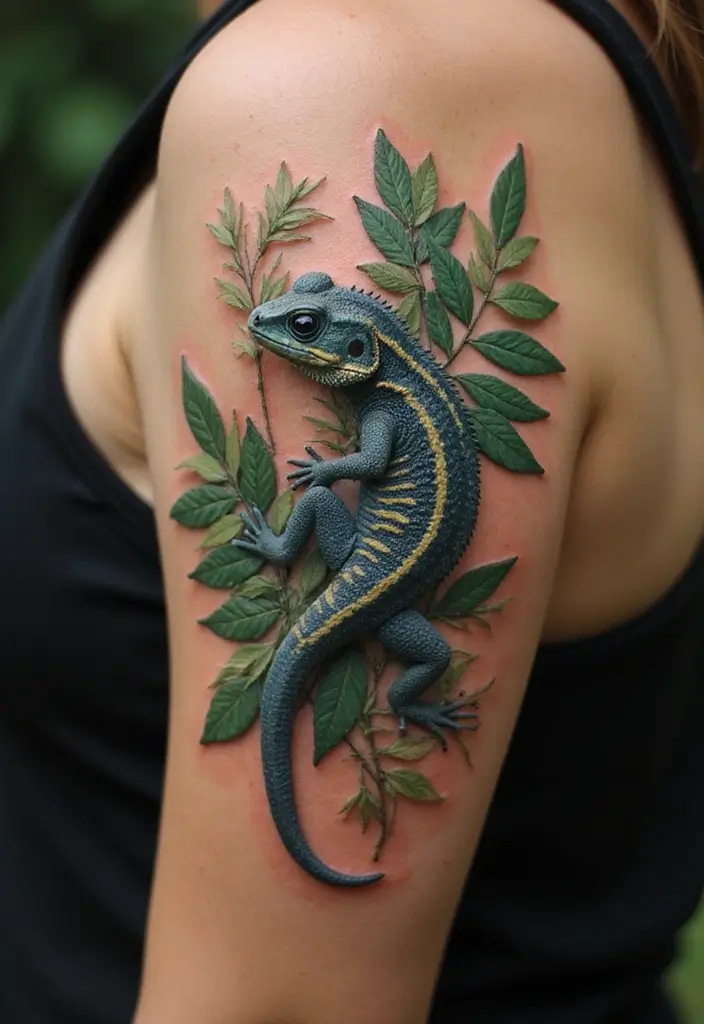 30 Small Lizard Tattoo Designs That Look Unique - 15. Lizard with Leaves