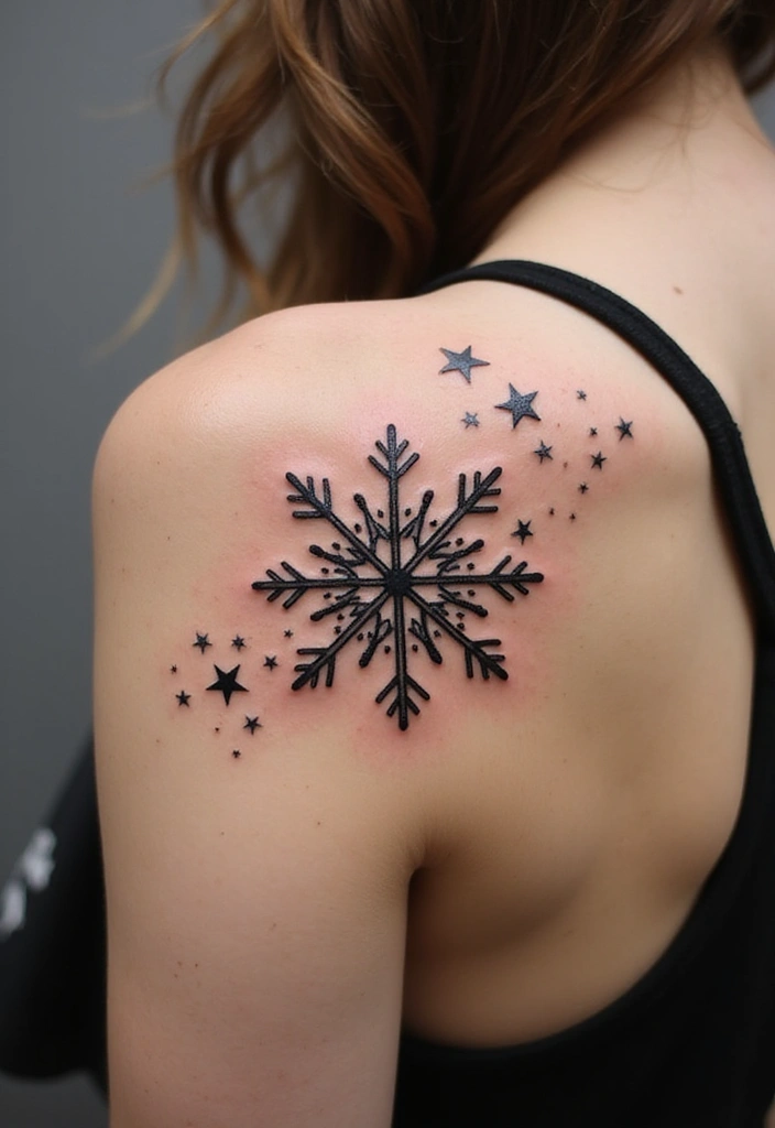30 Snowflake Tattoo Ideas with Delicate and Unique Patterns - 15. Snowflake with Stars