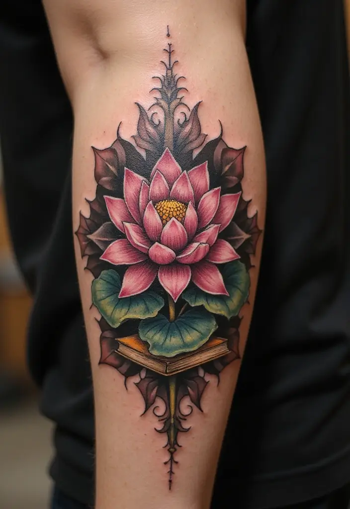 30 Strength Lotus Flower Tattoo Meaning and Designs - 15. Wisdom and Knowledge: The Flower of Enlightenment
